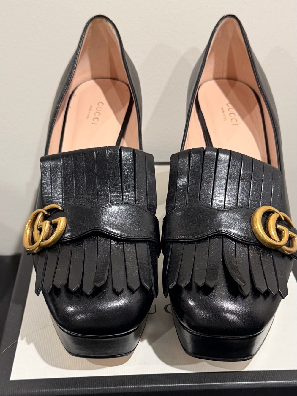 Gucci Black Leather Kiltie Loafers with Gold Double G